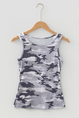 Gray Camouflage Print Ribbed Knit Round Neck Tank Top