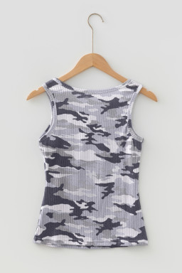 Gray Camouflage Print Ribbed Knit Round Neck Tank Top
