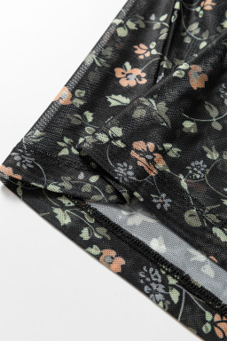 Black Floral Print Mesh Tank Button Front Slim Cardigan 2pcs Set