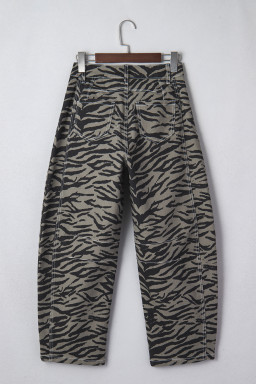 Gray Zebra Stripe Printed Wide Leg Barrel Jeans