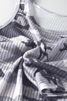Gray Camouflage Print Ribbed Knit Round Neck Tank Top