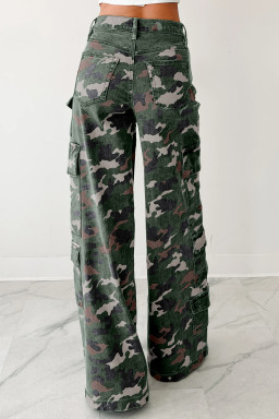 Green Camo Denim Cargo Wide Leg Pants
