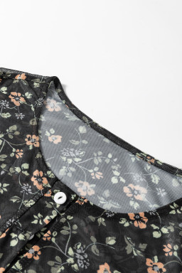 Black Floral Print Mesh Tank Button Front Slim Cardigan 2pcs Set