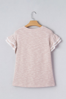 Light Pink Twilled Print Lace Trim Ruffled Short Sleeve Blouse