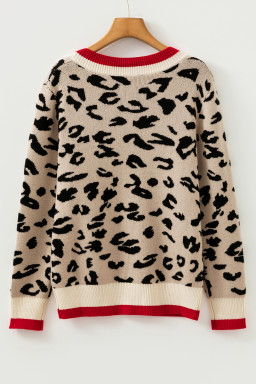 Khaki Leopard Pattern V-Neck Contrast Rib Knitted Sweater