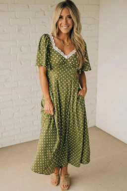 Green Polka Dot Print Lacy Neckline Smocked High Waist Maxi Dress