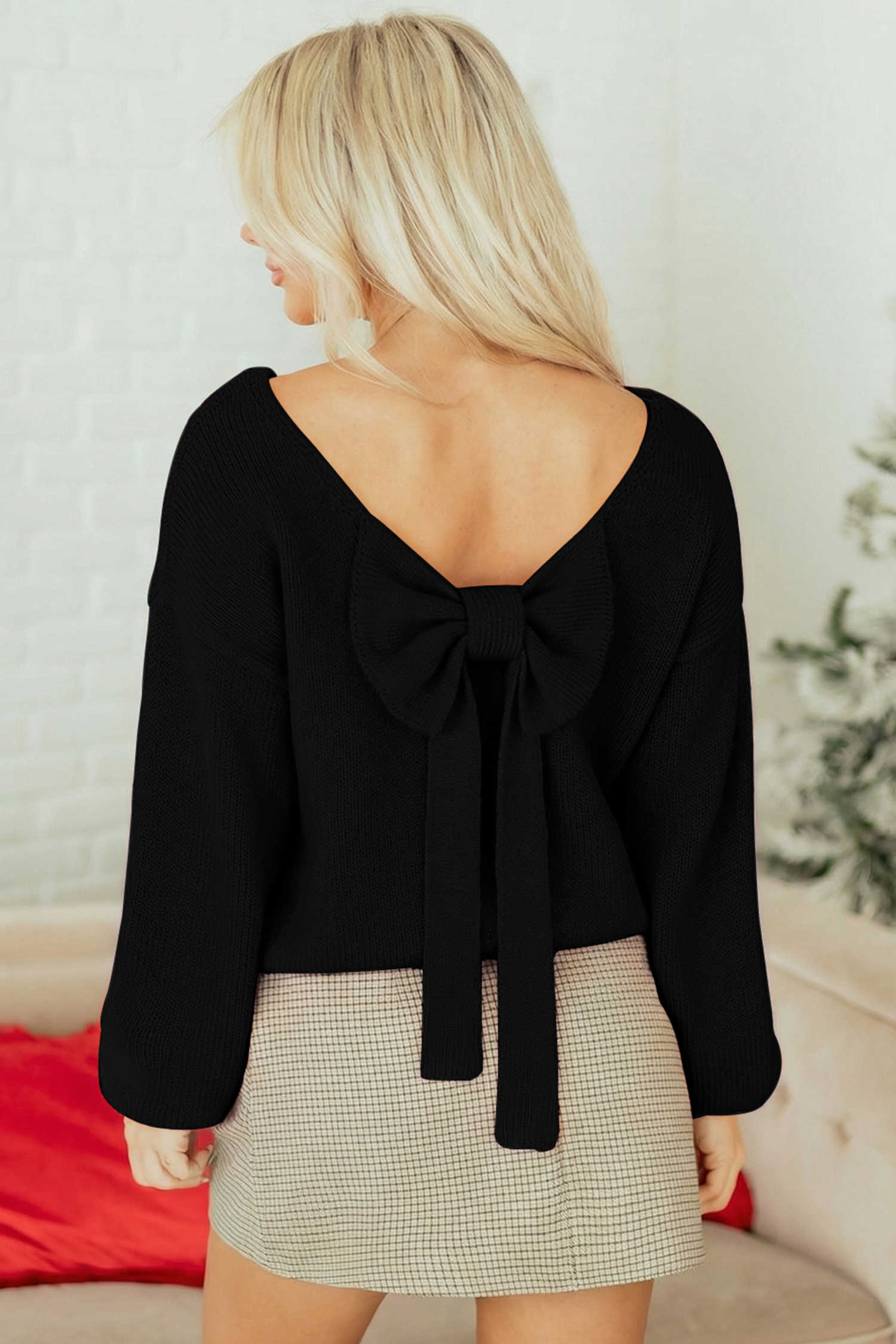 Black Bow Backless Bubble Sleeve Sweater
