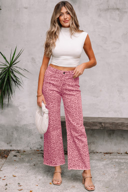 Rose Leopard Frayed Edge Wide Leg High Waist Jeans