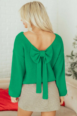 Bright Green Bow Backless Bubble Sleeve Sweater