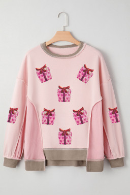 Light Pink Sequin Valentines Heart Gift Box Waffle Color Block Patchwork Sweatshirt