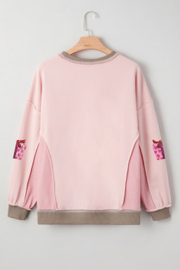 Light Pink Sequin Valentines Heart Gift Box Waffle Color Block Patchwork Sweatshirt