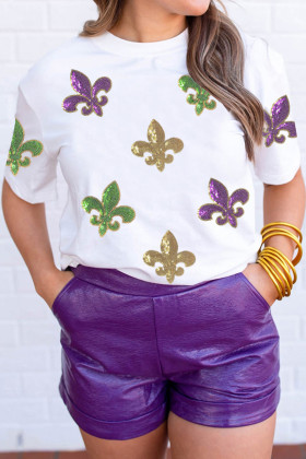 White Mardi Gras Fleur De Lis Sequin Graphic T Shirt