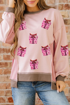 Light Pink Sequin Valentines Heart Gift Box Waffle Color Block Patchwork Sweatshirt