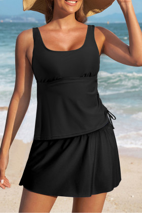 Black Scoop Neck Adjustable Tankini and Matching Skort Bathing Suit