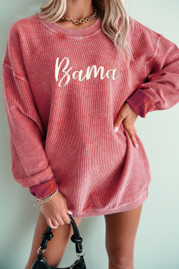Strawberry Pink Corded Ribbed Bama Embroidered Letter Graphic Sweatshirt