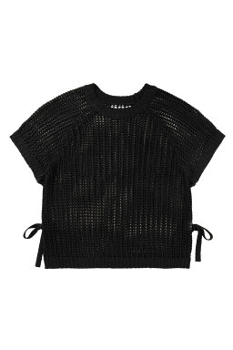 Black Plus Size Open Knit Bow Tie Short Sleeve Sweater