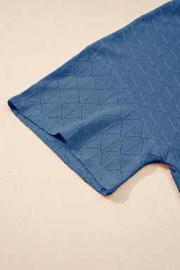 Sky Blue Pointelle Rhombus Knit Plus Size V Neck Loose Top