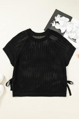 Black Plus Size Open Knit Bow Tie Short Sleeve Sweater