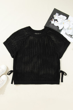 Black Plus Size Open Knit Bow Tie Short Sleeve Sweater