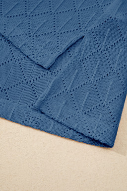 Sky Blue Pointelle Rhombus Knit Plus Size V Neck Loose Top