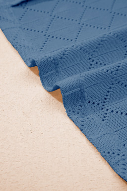 Sky Blue Pointelle Rhombus Knit Plus Size V Neck Loose Top