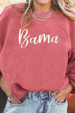 Strawberry Pink Corded Ribbed Bama Embroidered Letter Graphic Sweatshirt