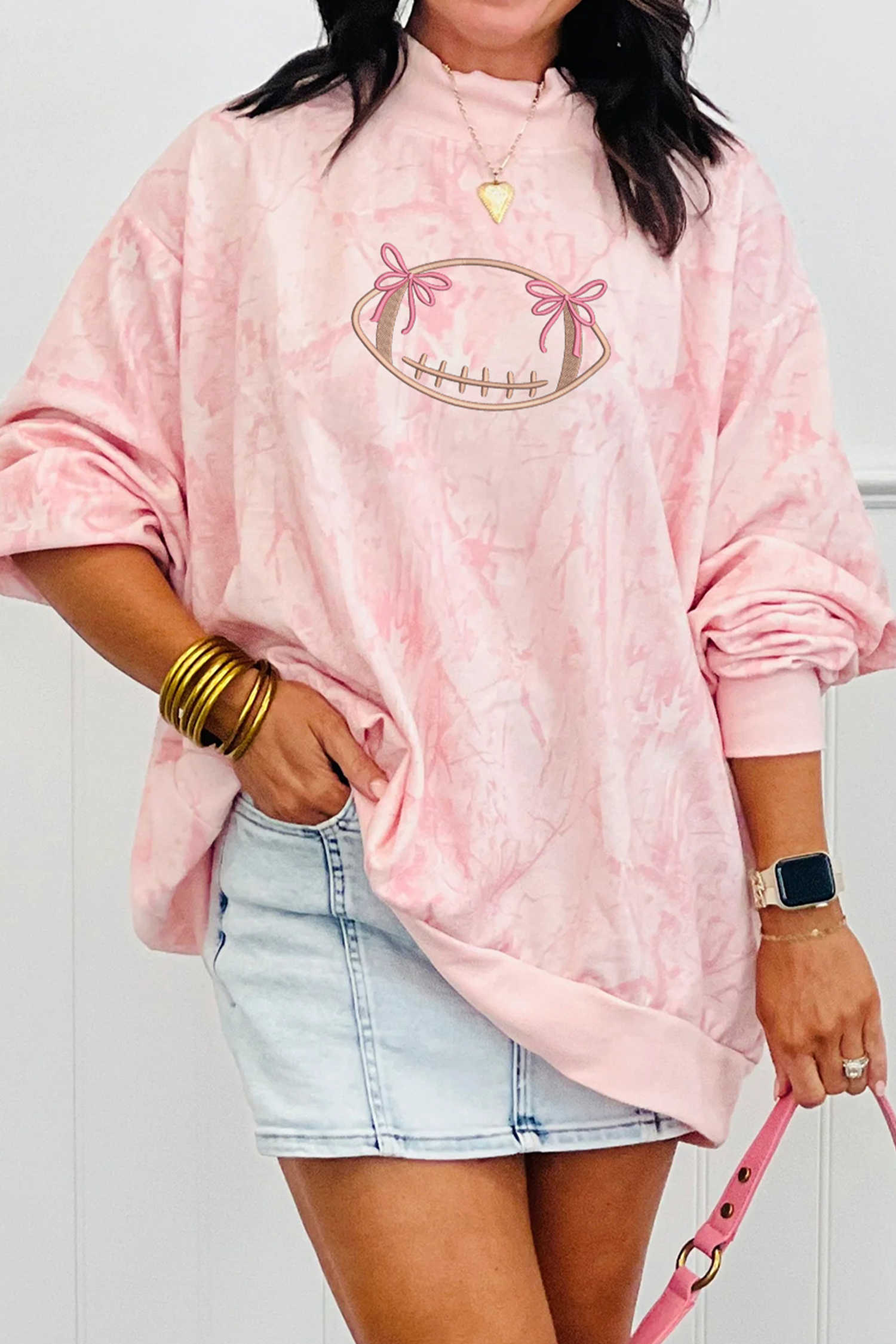 Pink Oversize Rugby Embroidered Camo Mock Neck Sweatshirt