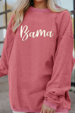 Strawberry Pink Corded Ribbed Bama Embroidered Letter Graphic Sweatshirt