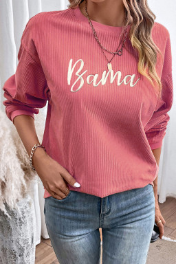 Strawberry Pink Corded Ribbed Bama Embroidered Letter Graphic Sweatshirt