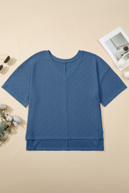 Sky Blue Pointelle Rhombus Knit Plus Size V Neck Loose Top