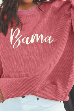 Strawberry Pink Corded Ribbed Bama Embroidered Letter Graphic Sweatshirt