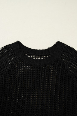 Black Plus Size Open Knit Bow Tie Short Sleeve Sweater