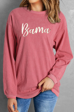 Strawberry Pink Corded Ribbed Bama Embroidered Letter Graphic Sweatshirt