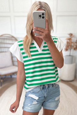 Green Stripe Collar V Neck Ruffled Short Sleeve Blouse