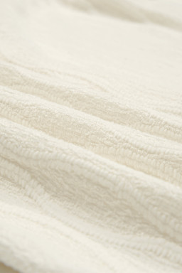 White Solid Color Textured Notched Neck Puff Sleeve Blouse