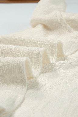 White Solid Color Textured Notched Neck Puff Sleeve Blouse