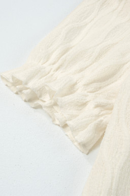 White Solid Color Textured Notched Neck Puff Sleeve Blouse