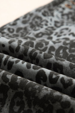 Gray Leopard Print Button Adjustable Straps Cropped Loose Denim Overalls