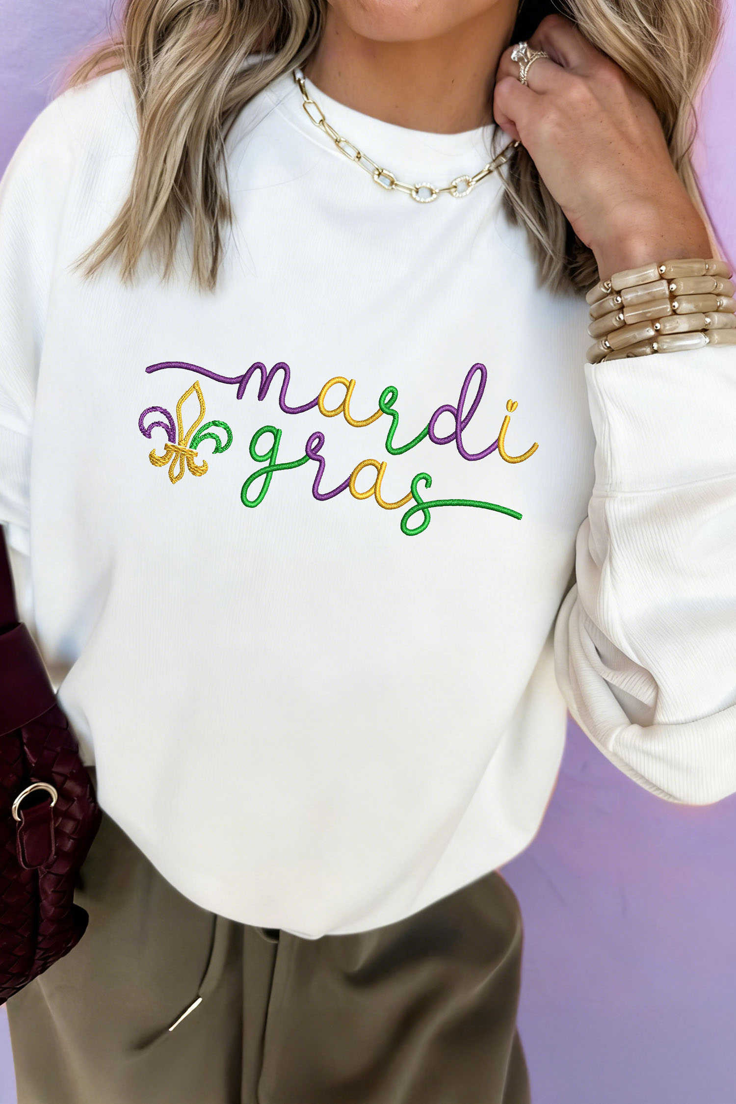 White mardi gras Fleur De Lis Embroidered Graphic Pullover Sweatshirt