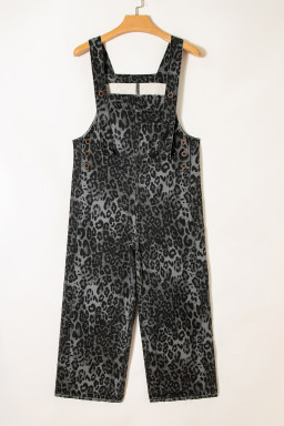 Gray Leopard Print Button Adjustable Straps Cropped Loose Denim Overalls