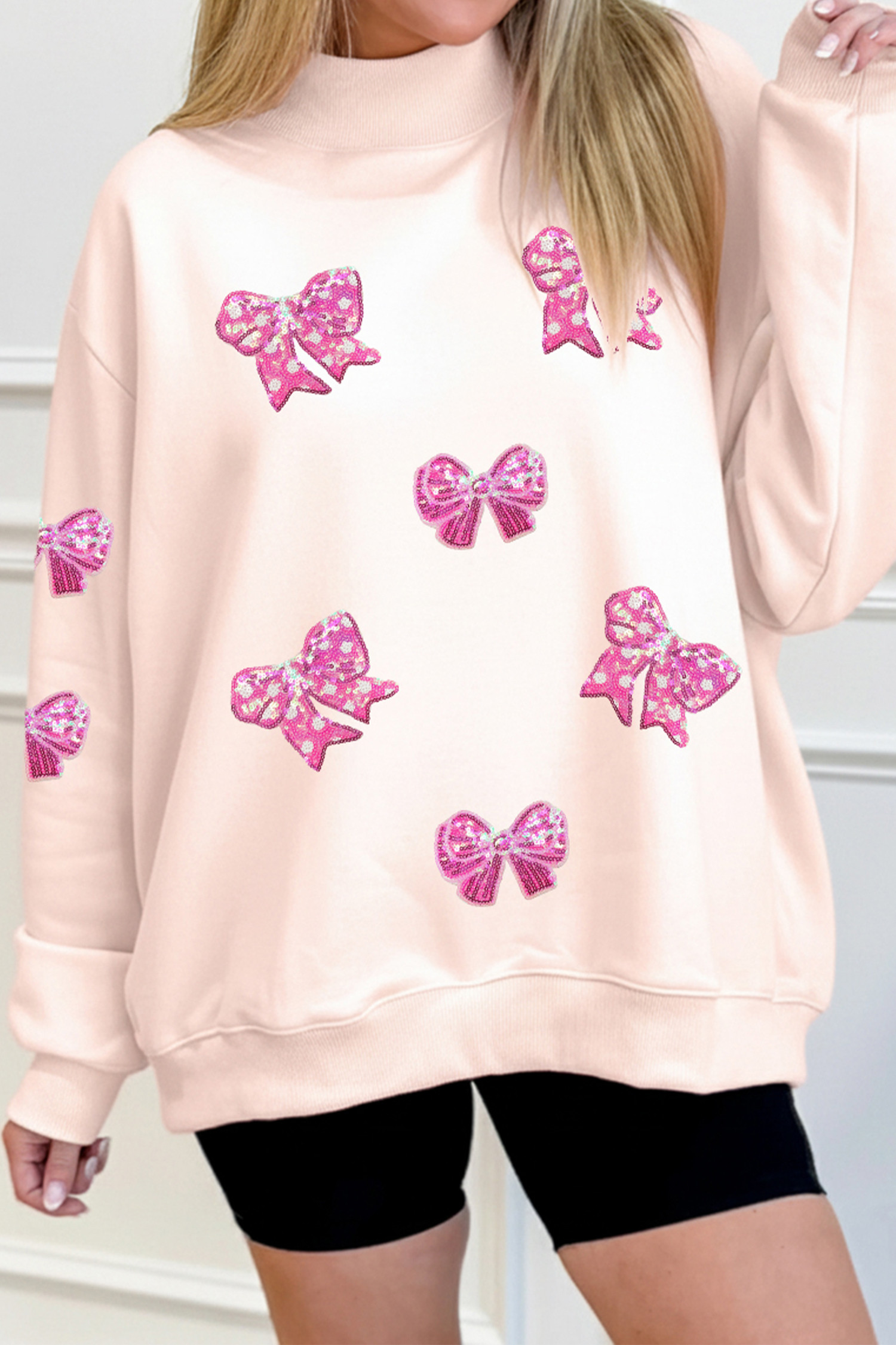 Apricot Pink Adorable Sequin Bow Mock Neck Sweatshirt