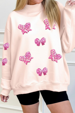 Apricot Pink Adorable Sequin Bow Mock Neck Sweatshirt