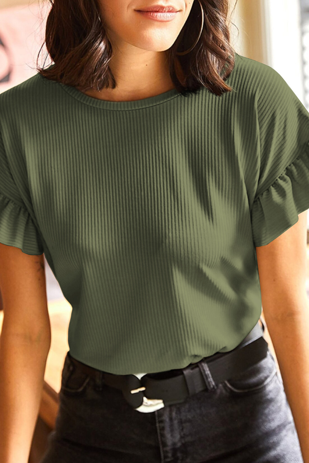 Jungle Green Solid Color Ribbed Ruffled Short Sleeve T Shirt