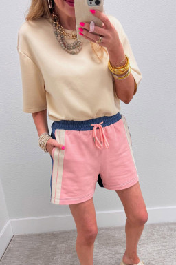 Pink Color Block Patchwork Varsity Striped Detail Drawstring Elastic Waist Shorts
