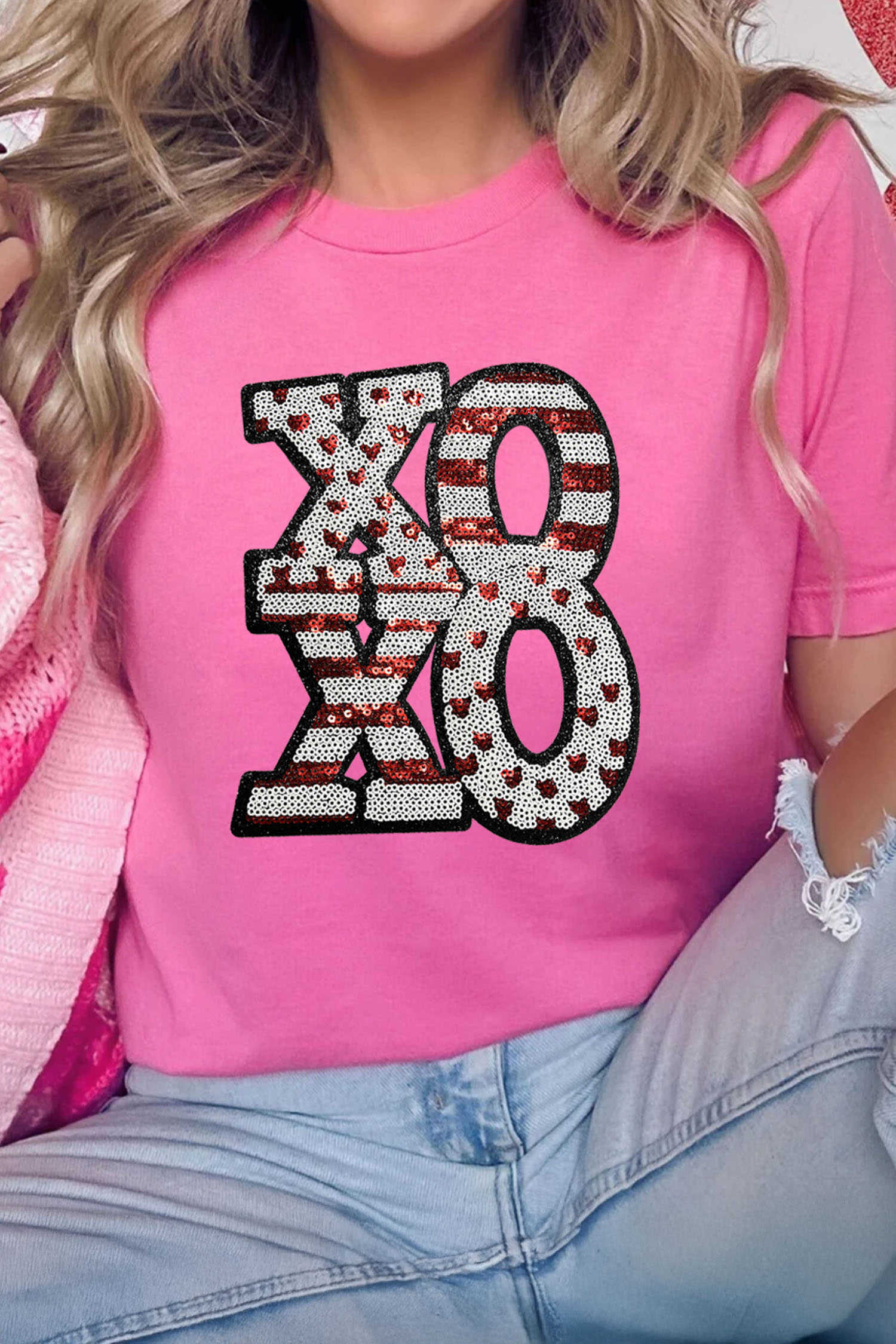 Sachet Pink Sequined XOXO Graphic Valentine T Shirt