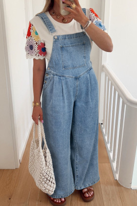 Dusk Blue Pleated Wide Leg Retro Pocketed Denim Jumpsuit