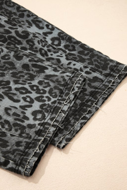 Gray Leopard Print Button Adjustable Straps Cropped Loose Denim Overalls