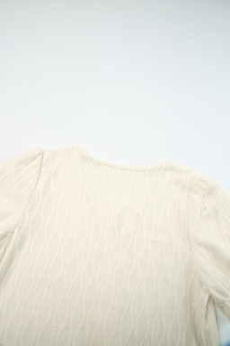 White Solid Color Textured Notched Neck Puff Sleeve Blouse