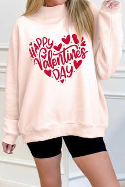 Apricot Pink HAPPY VALENTINES DAY Heart-shaped Graphic Mock Neck Sweatshirt
