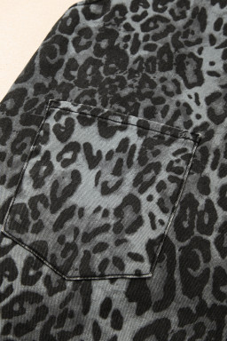 Gray Leopard Print Button Adjustable Straps Cropped Loose Denim Overalls